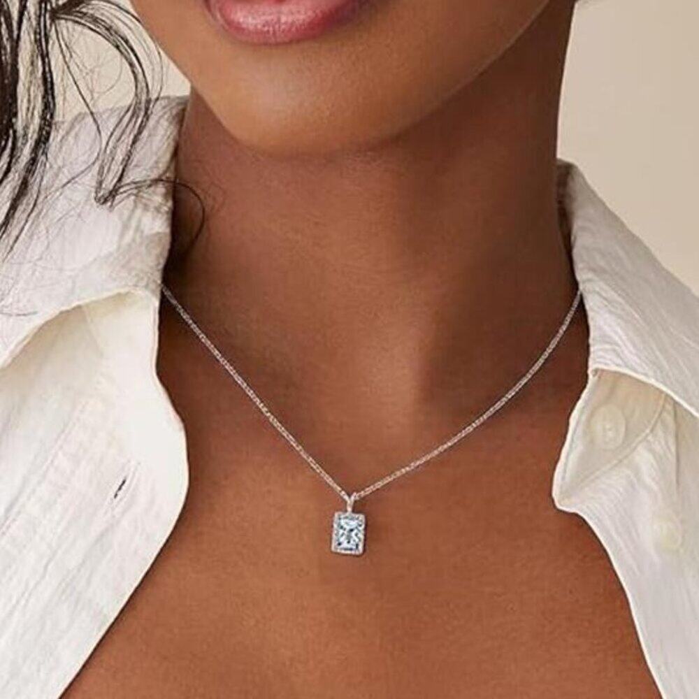 Square Cubic Zirconia Necklace 925 Sterling Silver Geometric Pendant for Women